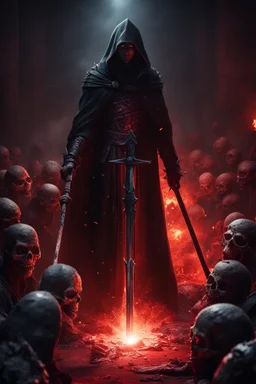 the bloody sorcerer known as The Shadow of Death weilding the staff of destruction. zombies in the background. fantasy art, Cinematic lighting, Volumetric lighting, Epic composition,