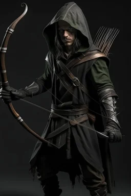 young human rogue holding a hand crossbow in dark medieval clothing hood down full body