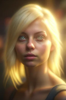 a cute blonde female that stares at us like we are the prettiest demons she has ever seen, its such a perfect day, motion blur, smoke, 8k, downlight, soft light, depth of field, photorealism, trending on art station, lotsa detail