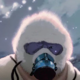 A yeti wearing a respirator