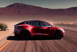 A Tesla 'Model S' is racing at top speed, in the Mojave Desert. (CINEMATIC, WIDE ANGLE LENS, PHOTO REAL)