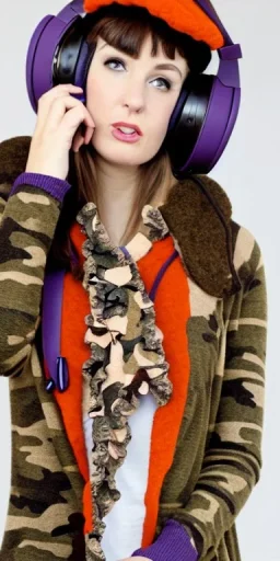 Brunette woman. average body type, think thighs and thick calves. Mantle is sewed of recycled Denim and sewed together of camouflage pieces. Printed camouflage figures are orange,terracotta, cream and purple. It is with big bright purple felt tippet and cream-colored-hood. mantle is merged with satchel. . AKG-style headphones (gold rings!) is merged with small felt cap with small visor. Style: Haute Couture in 1936, Paris fashion in 2023, inspired by street art. Cream latex gaiter.