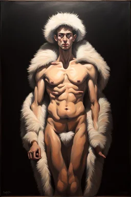 master piece oil painting of the first ultimate skinny god of boobs in a spotlight wearing fur