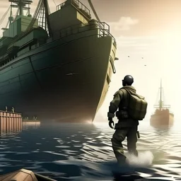 An Arab man carrying a weapon pulls a giant cargo ship with ropes in the middle of a waterway, 8k.