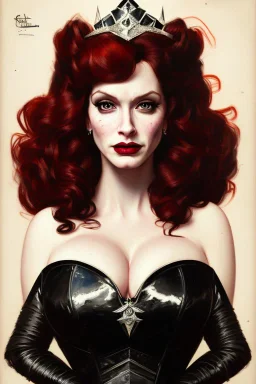 painting of christina hendricks as evil queen in black leather, feminie, angry, strong, volouptous, busty, cleavage, emperious, mature, highly detailed, digital painting, artstation, concept art, smooth, sharp focus, illustration, art by gaston bussiere and alphonse mucha