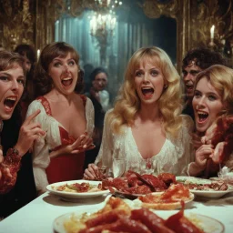 Horror movie shot, spooky, hot, ultra realistic, dine, horns, ultra realistic hot blonde women, year-end party, pieces of meat, organs, hot, ail, dynamic, hot, very excited people, hypermaximalist figures, light, 1970's Italian horror movie, sinister,, Dario Argento, Stanley Kubrik, ornate, 4k, photorealism