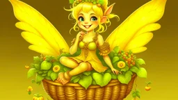 Fantasy art: A small, cute, cheerful fairy with golden hair, sitting in a small basket. The basket is actually an earring on the ear of a big giant.