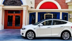 A Tesla's 'Model S Plaid' is parked, within the 'Universal Studios Orlando', in Florida. CINEMATIC. WIDE ANGLE LENS.