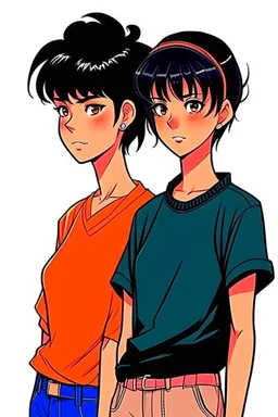 Relaxed and Stylish Anime 90s , short black hair , two personalities
