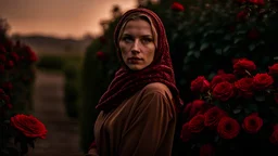 back to the camera a dark blonde young woman in old hungarian pale brown villager cloths and headscarf stands in front of the nice red rose bush, und dark red running roses around, high detalied, sharp focus, high realistic, perfect photo