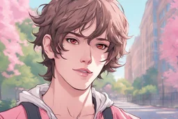 close up headshot portrait of beautiful 18-year-old man who looks like a girl, femboy, feminine, male, brown hair, red eyes, pretty body, perfect face, Wadim Kashin, James Gurney, Ink, splash art, amazing beauty, college campus background, has pink accents on clothes, anime style