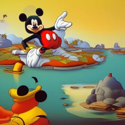 isometric mickey mouse in style of George Herriman and in a landscape in style of Dali