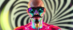 blissfull genious, ultra chromatic, cyber jobe, flying yoga magic , lawn mover man movie character, portrait of upper body of cool transparent guy made with nano tape and with shades and mustache and bald head, saw blade beholder eye tyrant flating beholder kin with eyes on each saw blade tooth saying something profound, hypnotic zebra twirl background, with chrome reflections, like he is floating in a giger cartoon