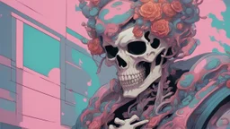 a close up of a person with a skull on their head, anime skull portrait man, scary detailed art in color, hiroyuki-mitsume takahashi, nychos art aesthetic, half man half skeleton, anime cyberpunk art, colored manga art, rossdraws pastel vibrant, hot colors. insanely detailed, beautiful anime portrait, stunning anime face portrait, scary art in color