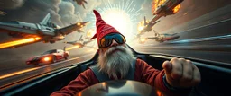 weird perspective worried yoga legend race car racing against spaceships going sideways in ramp driver close up portrait of dj magic gnome farmer pilot looking down on cam, with background in the style of escher and giger, a chill contrapunctus fugue in the style of fsol, beethoven, goa trance breaks, dancefloor drum and bass, burning cars, fire storm lightening, and explosions