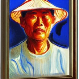 Portrait of OLd Chinese Fishermen on boat wearing bucket hat by edvard munch 8k