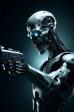a scary cyborg with a gun searching for humans that looking left at a dead body and is far away