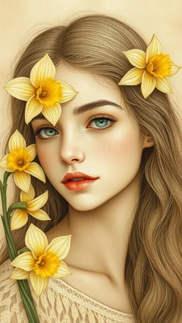 A very beautiful girl face,daffodils IN AN ethereal beige setting, the setting is in a blend of old world aesthetics and ethereal creamy beige and white fantasy in a dreamlike ethereal zentangle illustration in the magical style of Charlene McNally and carne griffiths