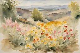 Sunny day, mountains, rocky land, spring, flowers, thomas girtin and winslow homer watercolor paintings