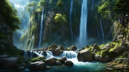 a waterfall falling upon a medieval city at the end of a steep, narrow, 3.000 feet tall ravine. a masterpiece, fantasy concept art, dynamic lighting, hyperdetailed, intricately detailed, deep color, Unreal Engine, volumetric lighting, Epic cinematic brilliant stunning intricate meticulously detailed dramatic atmospheric maximalist digital matte painting
