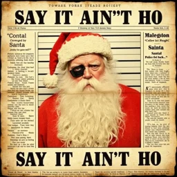 Newspaper headline of a disheveled Santa with a black eye mug shot who was charged with soliciting an undercover officer in a police sting, old vintage newspaper aesthetic, headline text "SAY IT AINT'T HO"