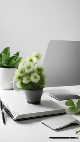 workplace, grey PC notebook with team call, glass cup club of tea, backgroud white wall and green flower