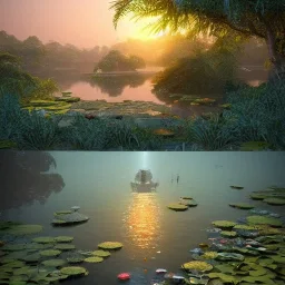 highly detailed indian lake with lotus landscape with jungle, sunset, illustration, cinematic lighting, 4k, 8k, octane render, digital concept art, trending on artstation, pinterest, extremely detailed, ambient lighting.