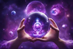 kundalini, connected to the universe, purple galaxy, holding universes in glass balls in hands