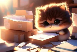 Cute fluffy chibi pixar brunette kitten working very hard at a desk, surrounded by lots of paper, computers and paper boxes, in the sunlight.