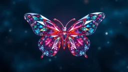 crystal butterfly made of gems made of different colours, dark blue nebula galaxy in background, amibent mood,16k resolution photorealistic, masterpiece, height contrast, depth of field, breath-taking intricate details, realistic and lifelike cgi, dramatic natural lighting, reflective catchlights, high quality CGI VFX fine art