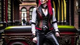 body portrait of a woman with straight shoulder-length red hair, with metal arms and legs, dressed in leather trousers, and a waistcoat, in a Victorian street next to a steampunk carriage, full colour