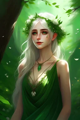 Elf girl, beautiful, leaf and mountain ash crown, white hair, green eyes, in the forest, green dress