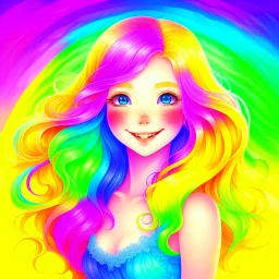 A beautiful imaginary girl with bright white skin, big eyes the color of the clear sky, long hair and waves that overlap in the colors of the rainbow, and a smile that emits happiness and charm. She has a graceful and slim body that radiates vitality and strength, and she shines