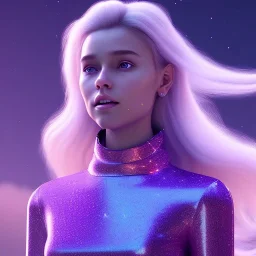 A portrait of a crystalised girl,smiling, longs blond hairs, galactic dress, atmospheric, realistic, cinematic lighting, octane render, purple and blue light, nebula