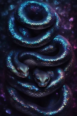 CA two headed snake digital portrait, dark fantasy, black iridescent scales, holographic, shiny, PoVC texture, wet look,