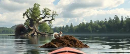 Finn's paddling like crazy, I'm laughing so hard I'm paddling backwards We arrive at Squirrel Island – Bigalow leaps out, does a victory dance, and then... Starts digging like a maniac near the base of the oldest oak tree Finn whispers to me: "Think he knows the acorns are guarded by Squirrelzilla..." Suddenly, a fierce chattering noise echoes – A GIANT SQUIRREL EMERGES ON WATER SKIES, EYES FIXED ON BIGALOW!