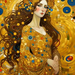 🔥 PROMPT: A stunning painting in the style of Gustav Klimt depicting a woman with long hair in a full-body portrait. The artwork features golden circles and swirls, a shimmering gold leaf background, and rich, detailed colors. This intricate piece exemplifies the Art Deco movement with its masterful design and vibrant elements.