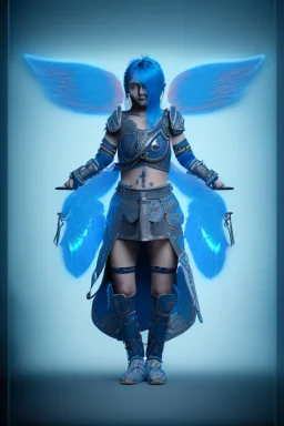 a person in runic armor with blue wings, blue short hair, runic tattoo and spell book