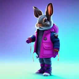 stylized Rabbit toddler, smiling, cyberpunk headphone, sunglass, gangsta neckless, full body, magenta puffer jacket, manila city background, dramatic lighting, hyper realistic, unreal engine 5, 16k