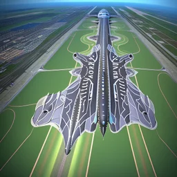 Vista aérea simétrica de un aeropuerto en forma de mariposa, espectacular, impactante, calidad ultra, maximalista, 8k 3D