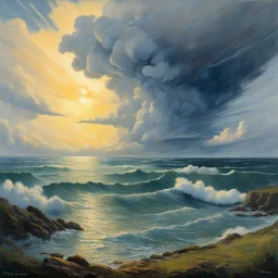 A beautiful August day in 1913, with a depression over the Atlantic moving east towards a high-pressure system over Russia. Isotherms and isotheres are in place, with normal atmospheric conditions and predictable astronomical events. Vapor tension is at its maximum, and relative humidity is low. This scene is rendered in a classic, highly detailed oil painting style, reminiscent of the Dutch Masters like Jan van Goyen and Jacob van Ruisdael, capturing the serenity of a perfect summer day with s