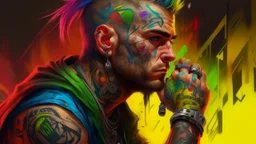 multicolored background, drawing, punk hooligan man, tattoo, high resolution, Artstation trends, fine details, 8K