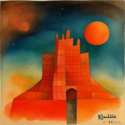 A salmon orange colored mythical coliseum in the sky painted by Paul Klee