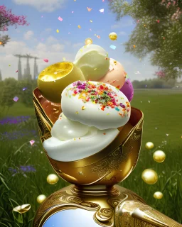 extravagant luxury icecream with extras, on sunny day, bokeh, vibrant color, 8k, RTX, realistic, 3D, Salvador Dali, Alma-Tadema