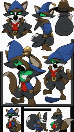 Make a Sly Cooper: Thieves in Time styled oc. He is a raccoon with sleek, charcoal-gray fur and emerald-green eyes. He has a sly and mischievous expression, with a black mask-like pattern around his eyes. He wears a tattered, dark blue bandit's outfit with a red sash and a feathered hat that adds to his roguish charm. He also sports a leather pouch at the base of his tail for carrying stolen treasures.