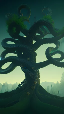 Create a photo realistic wallpaper with Yggdrasil and a serpent. The tree should have intricate details and foliage/roots that intertwine. The serpent should surround the tree. Use earthy colors like green, brown, and gold. The overall aesthetic should be grand and epic. The serpent should be depicted as a fierce creature with its body wrapped around the trunk of the tree, and its head and jaws open as if ready to strike. it should have a mystical and otherworldly feel to it.
