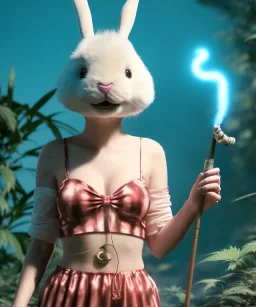 Ultra realistic photographic party portrait, sound club, wide-angle lens, couple, cinematic, happy blonde woman smoking a shisha pipe, accompanied by big white rabbit friend, hot, circus dress style, marihuana plants, color smoke, soft color, highly detailed, unreal engine 5, ray tracing, RTX, lumen lighting, ultra detail, volumetric lighting, high definition.