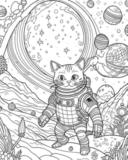 A space adventure with cat astronauts exploring distant planets, coloring book