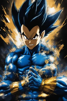 Poster in two gradually, a one side the vegeta face, another side "goku face", midle faces, sit pose, painting by Yoji Shinkawa, darkblue and GOLD tones,sinister, detailed iridescent, metallic, translucent, dramatic lighting, hyper futuristic, digital art, shot with Sony Alpha a9 Il and Sony FE 200-600mm f/5.6-6.3 G OSS lens, natural light, hyper realistic photograph, ultra detailed -ar 3:2 -q 2 -s 750,malevolent goth vampire girl face and other side