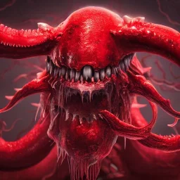 red, tentacles, eyes, teeth, monster, horror, blood, huge, scary, hyperrealism, gore, masterpiece, expert, volumetric lighting, deformed, sharp focus, 8K,